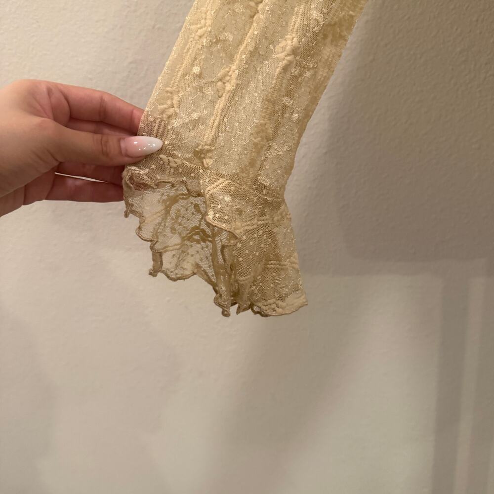 Beige Long Sleeve Lace Sheer Mesh Fairycore Top Small Fairy Coquette Medieval - Picture 6 of 9